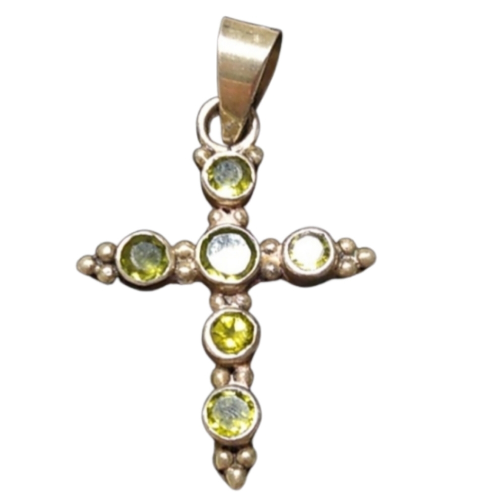 Genuine Peridot Gemstone Sterling Silver 925 Cross Pendant 1.25"